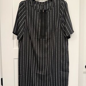 BCBGMaxAzria Black Midi Dress with White Pinstripes and Front Zip